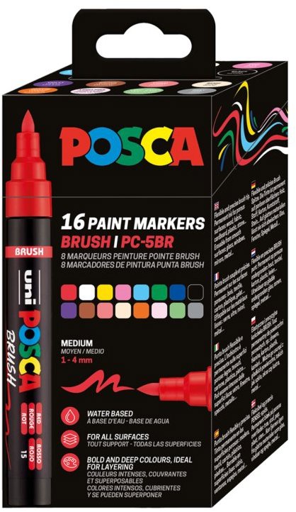 Sada 16 fixů UNI Posca PC-5BR s různými barvami a šířkou hrotu 1 - 4 mm.