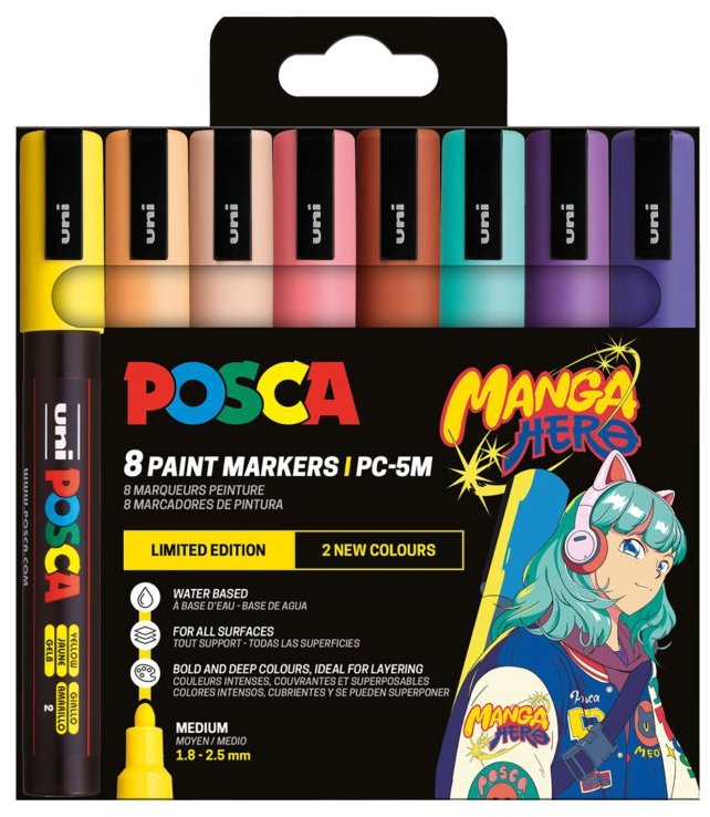 Sada 8 ks fixů UNI Posca PC-5M, limitovaná edice Manga Hero