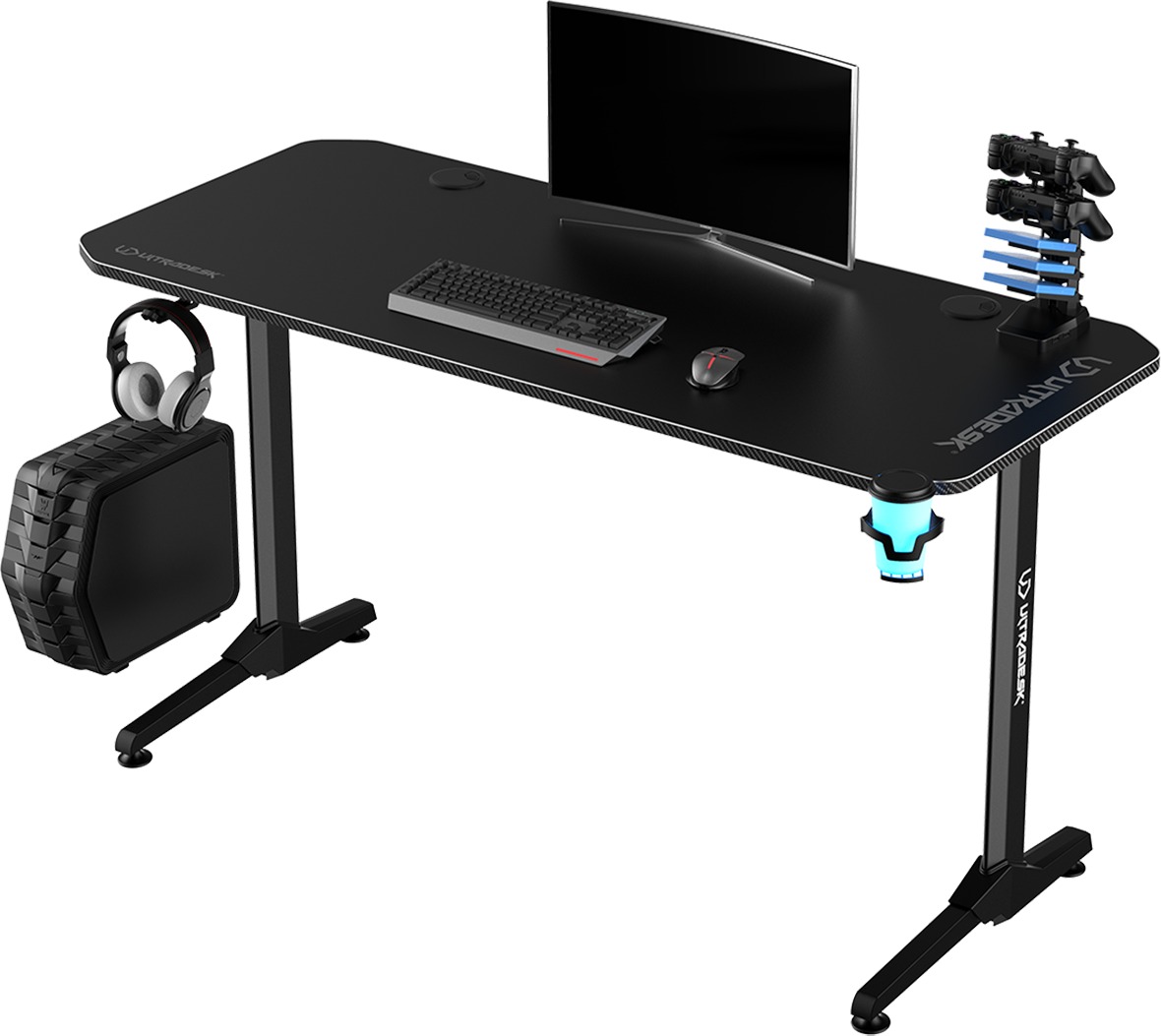 Herní stůl ULTRADESK Frag Black s ergonomickým designem a velkou pracovní plochou.