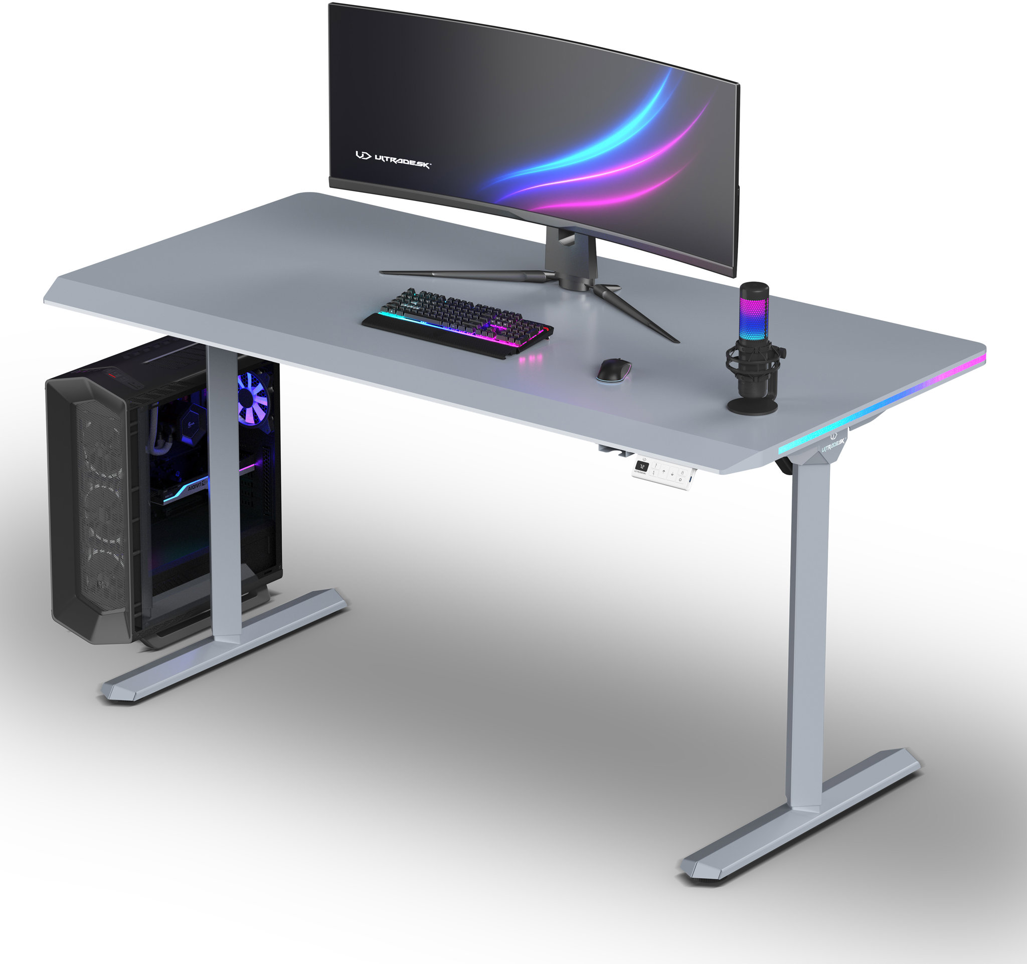 Herní stůl ULTRADESK Quest šedá-šedá s prostornou pracovní plochou.