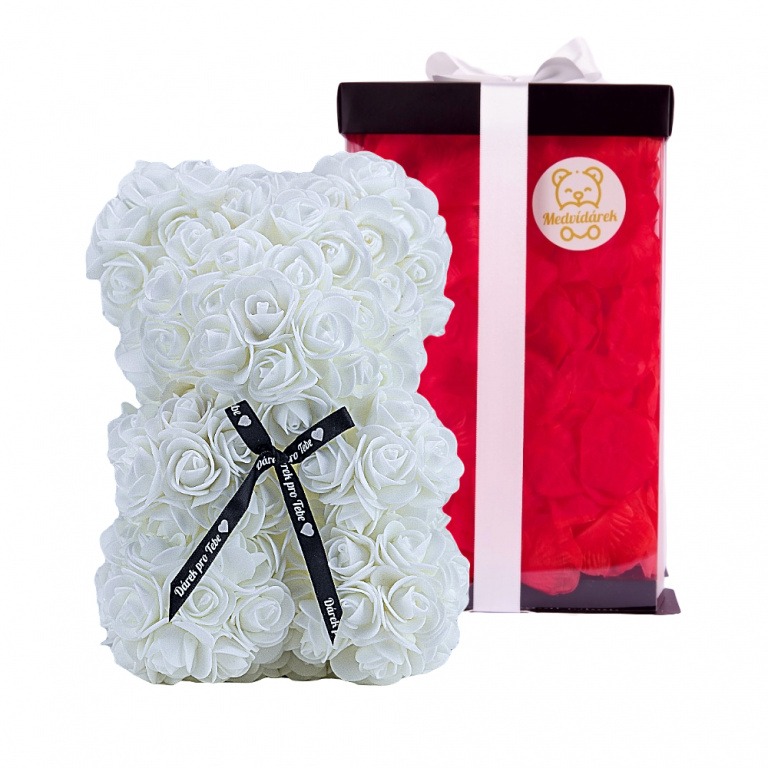 Medvídárek Romantic 25cm dárkově balený - bílý zasypaný červenými lístky