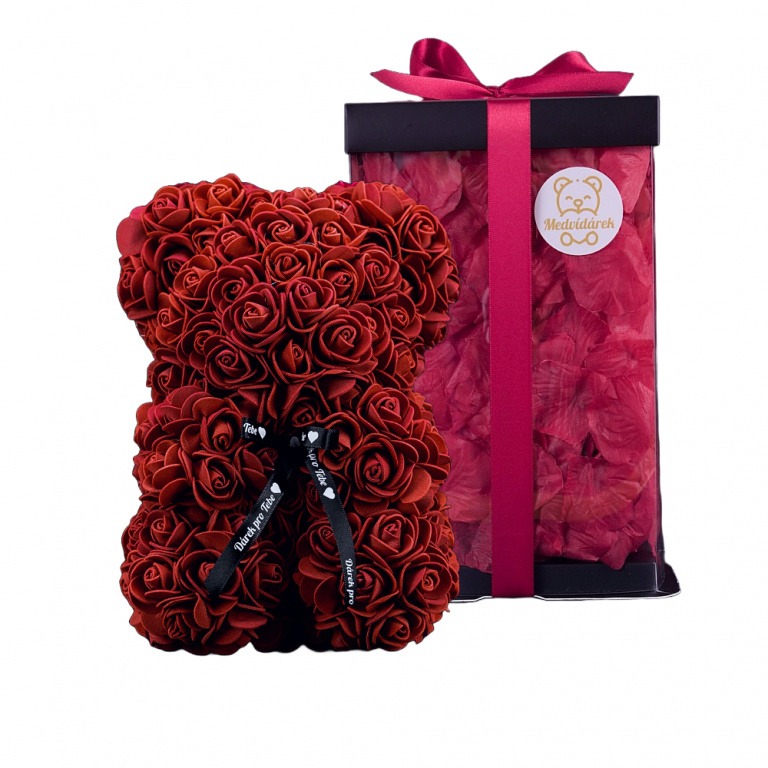 Medvídárek Romantic 25cm dárkově balený - rudý zasypaný tmavě červenými lístky