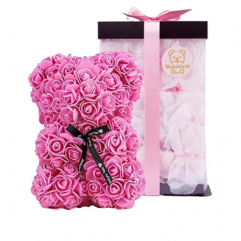 Medvídárek Romantic 25cm dárkově balený - růžový zasypaný bílými lístky