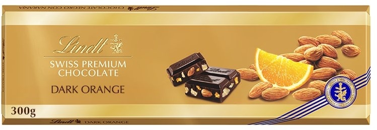 LINDT Gold Tablet Švýcarská Hořká Čokoláda S Mandlemi A Pomeranči 300 g