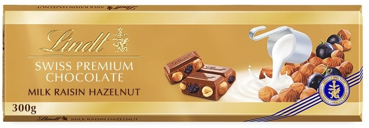 LINDT Gold Tablet Švýcarská Mléčná Čokoláda S Rozinkami A Oříšky 300 g