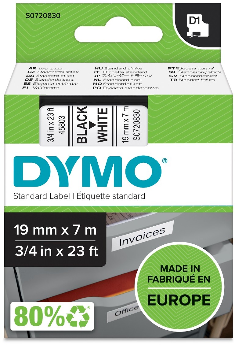 Dymo D1, 45803, S0720830, bílá/černá, 19mm