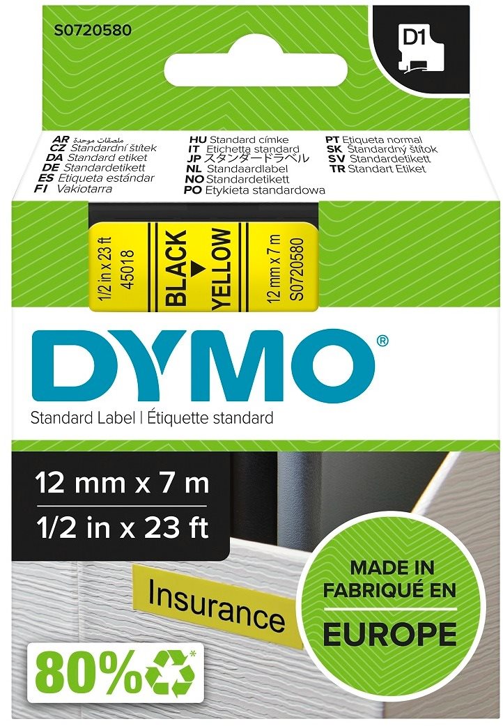 Dymo D1, 45018, S0720730, žlutá/černá,12mm