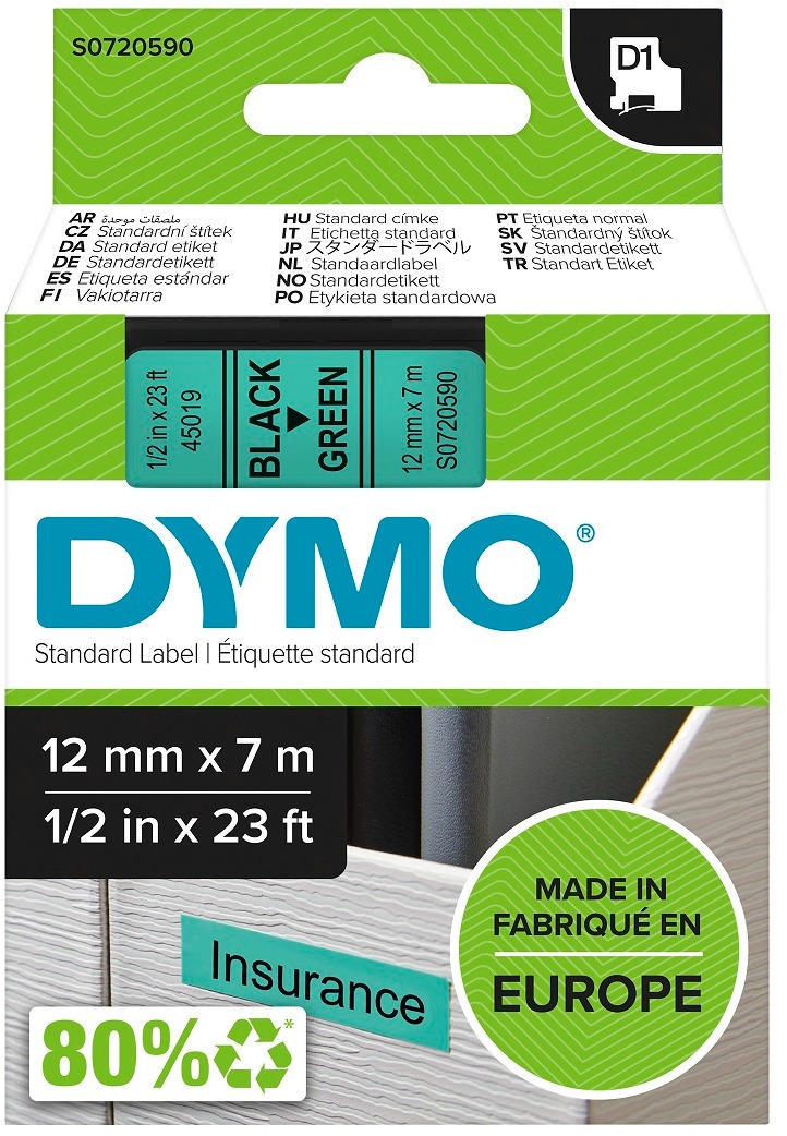 Dymo D1, 45019, S0720590, zelená/černá , 12mm