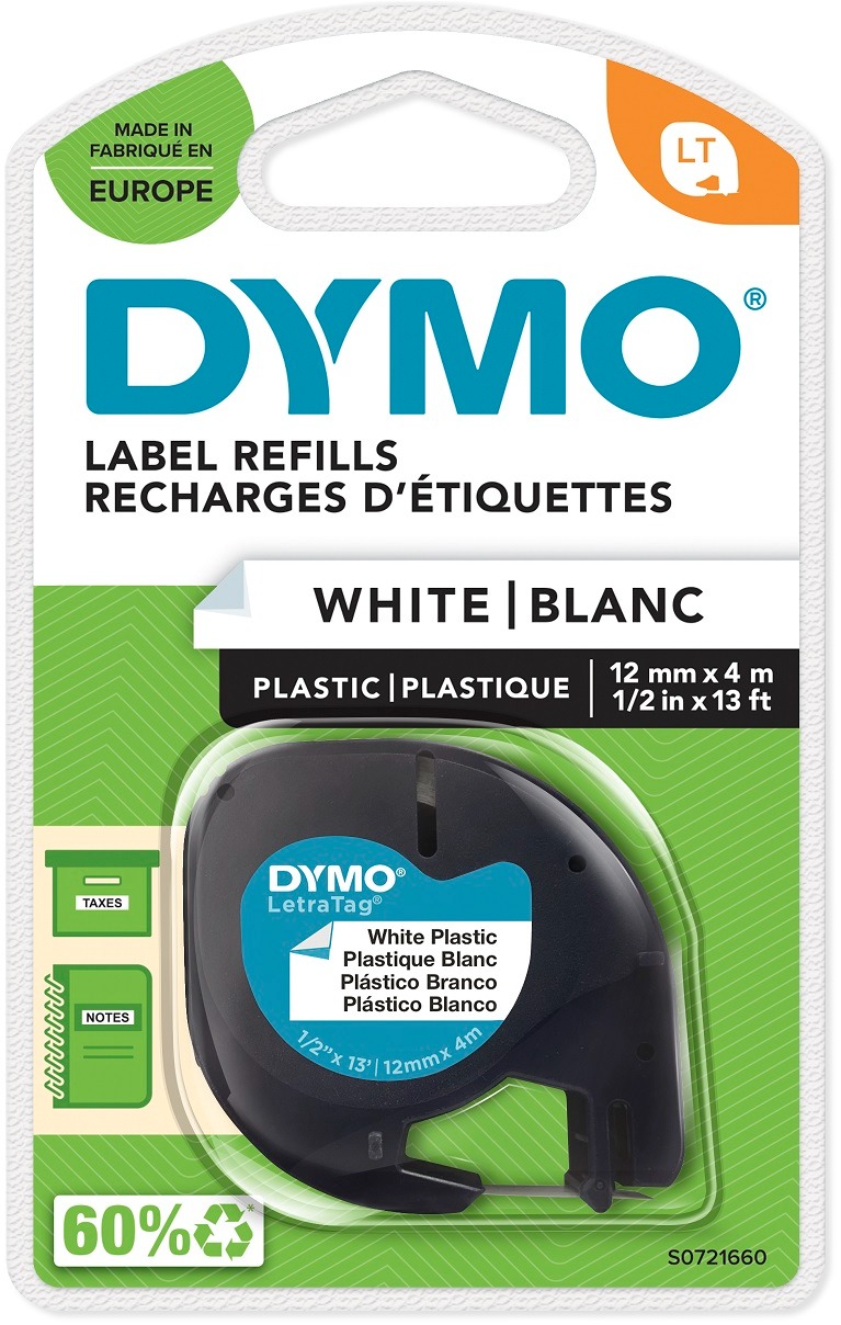 Dymo LetraTAG, 91221, S0721660, bílá/černá, 12 mm