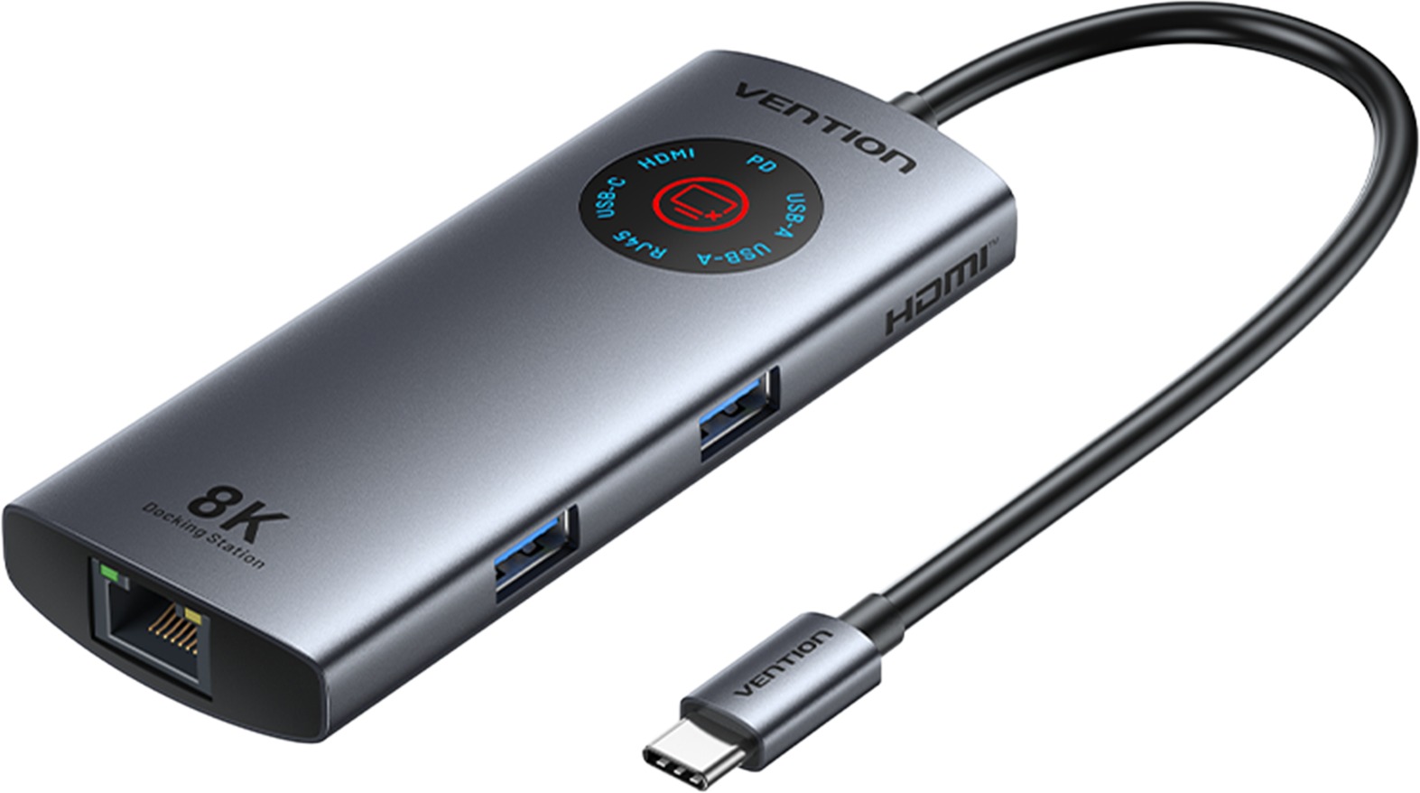 Vention USB-C to HDMI/USB 3.2 Gen 1 Type-C/USB 3.0*2/RJ45/PD 8K Docking Station with LED Display 0.1