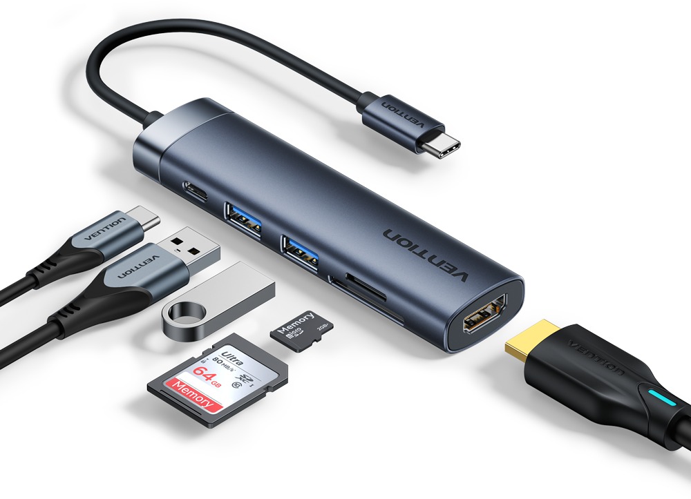 Vention USB-C to HDMI/USB 3.0*2/SD/TF/PD Docking Station 0.15M Gray Aluminum Alloy Type