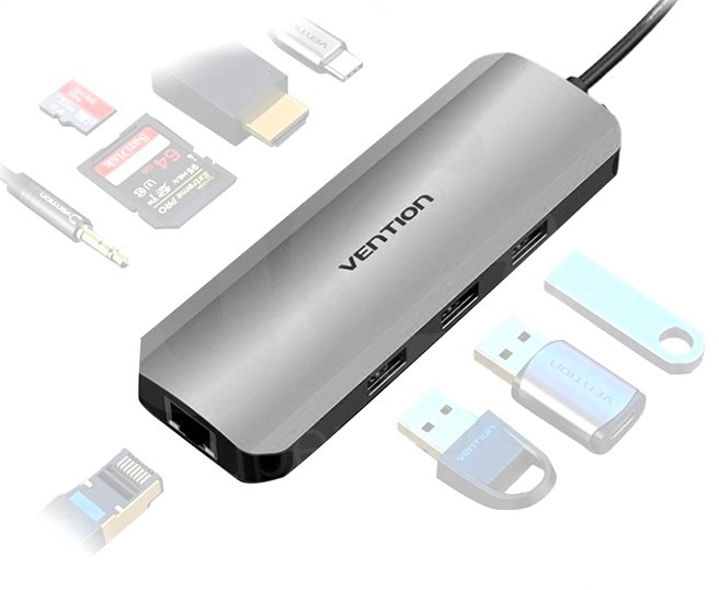 Vention 9-in-1 USB-C to HDMI/3xUSB 3.0/RJ45/SD/TF/3.5mm/PD100W Aluminum