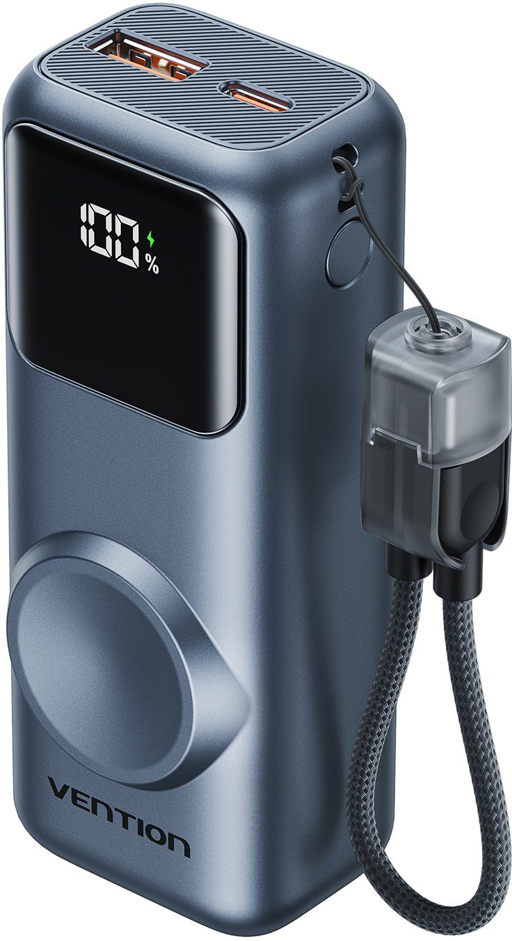 Vention Mini 10000mAh Power Bank (USB-C + USB-A) with Built-in USB-C Cable and Apple Watch Charging
