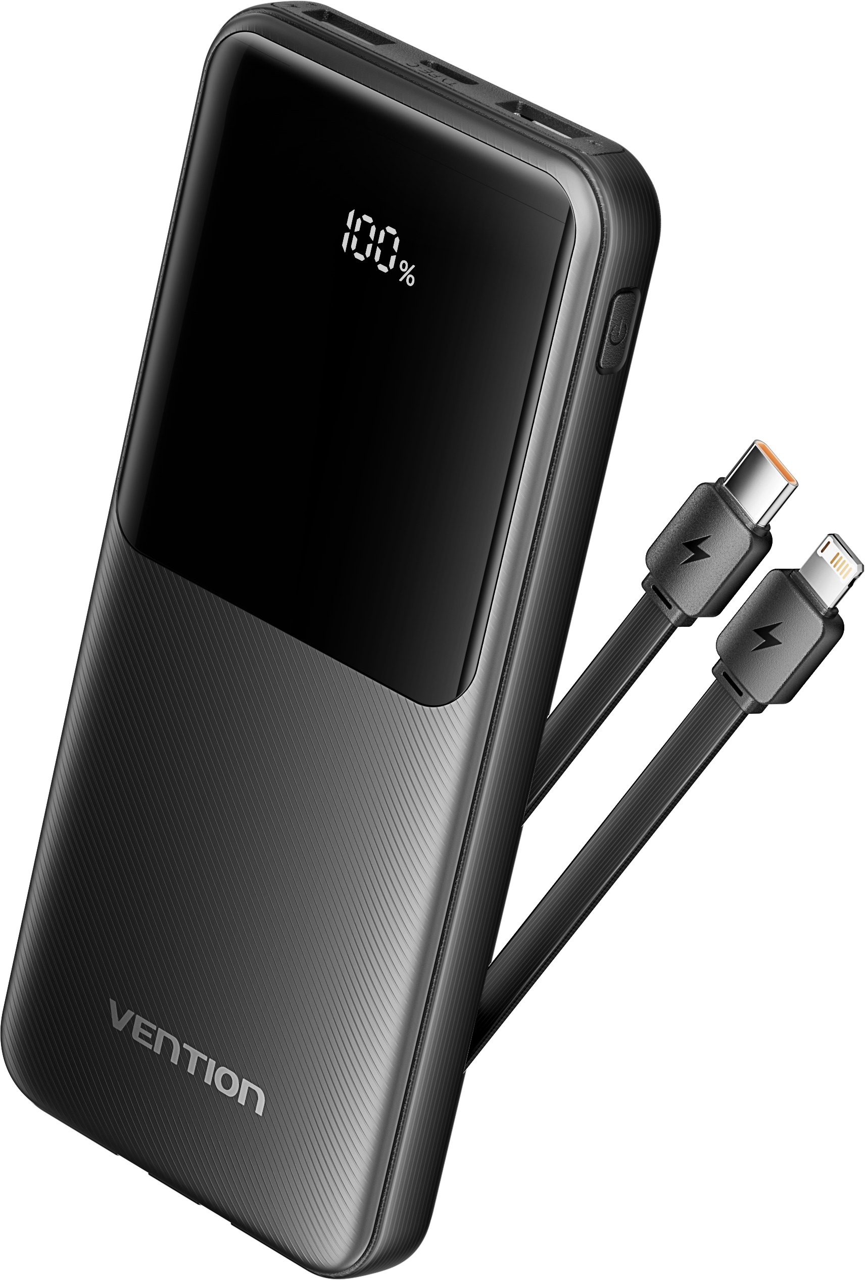 Vention 10000mAh Power Bank with Integrated USB-C and Lightning Cables 22.5W Black LED Display Type