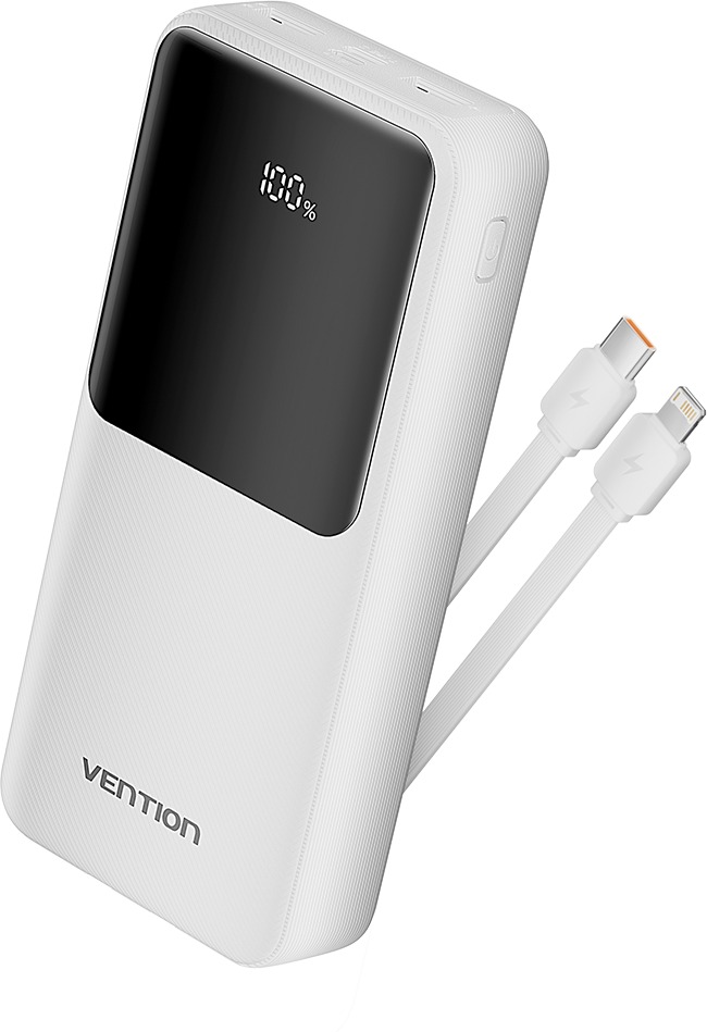 Vention 20000mAh Power Bank with Integrated USB-C and Lightning Cables 22.5W White LED Display Type