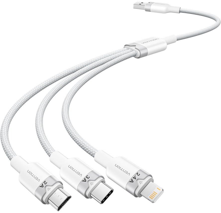 Vention USB 2.0 A Male to 3-in-1 USB-C & Lightning & Micro-B Male 3A Cable 1.5M White Aluminum Alloy