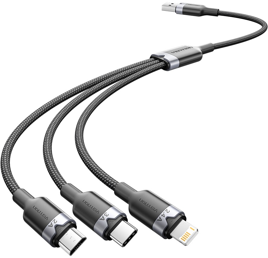Vention USB 2.0 A Male to 3-in-1 USB-C & Lightning & Micro-B Male 3A Cable 1.5M Black Aluminum Alloy