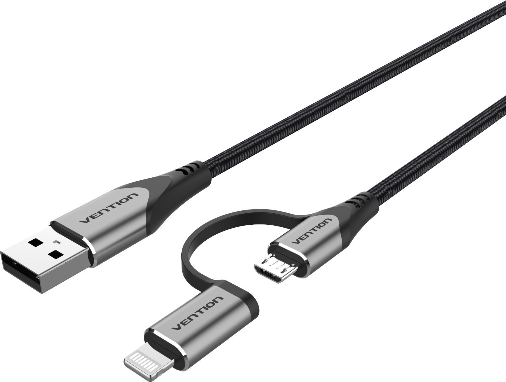 Vention MFi USB 2.0 to 2-in-1 Micro USB & Lightning Cable 1M Gray Aluminum Alloy Type
