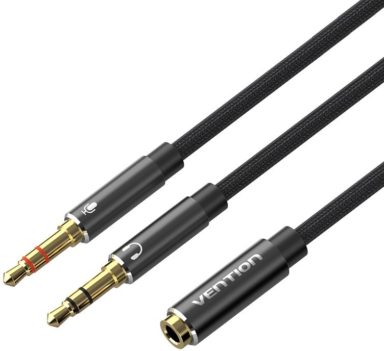 Vention Cotton Braided Dual 3.5mm TRS Male to 3.5mm Female Audio Cable 0.3M Black Aluminum Alloy Hea