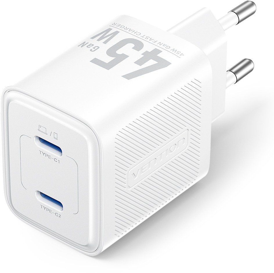 Vention 2-Port USB (C + C) GaN Charger (45W/45W) EU-Plug White