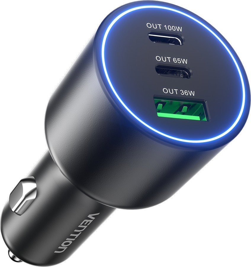 Vention Three-Port USB C+C+A (100W+65W+36W) Car Charger Black ABS Type