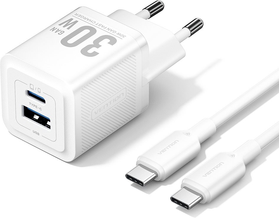 Vention 2-Port USB (C + A) GaN Charger (30W/30W) s USB-C kabelem (1M) EU-Plug White