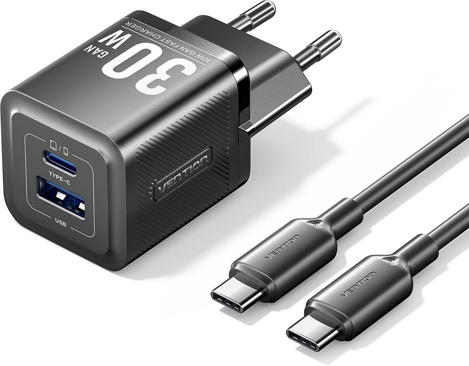 Vention 2-Port USB (C + A) GaN Charger (30W/30W) with USB-C to USB-C Cable (1M) EU-Plug Black