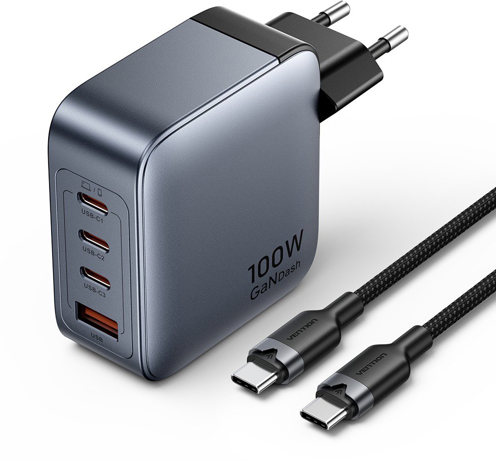 Vention 4-Port USB (C + C + C + A) GaN Charger (100W/100W/30W/30W) Gray with USB-C to USB-C Cable (1