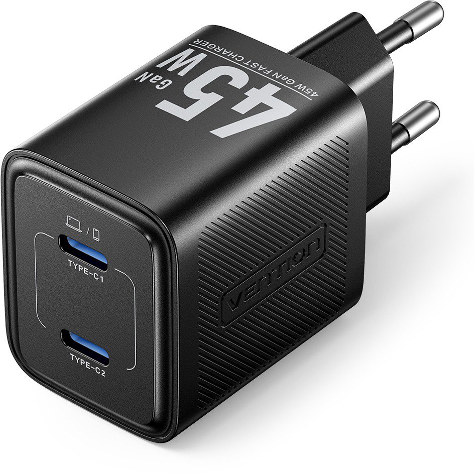 Vention 2-Port USB (C + C) GaN Charger (45W/45W) EU-Plug Black