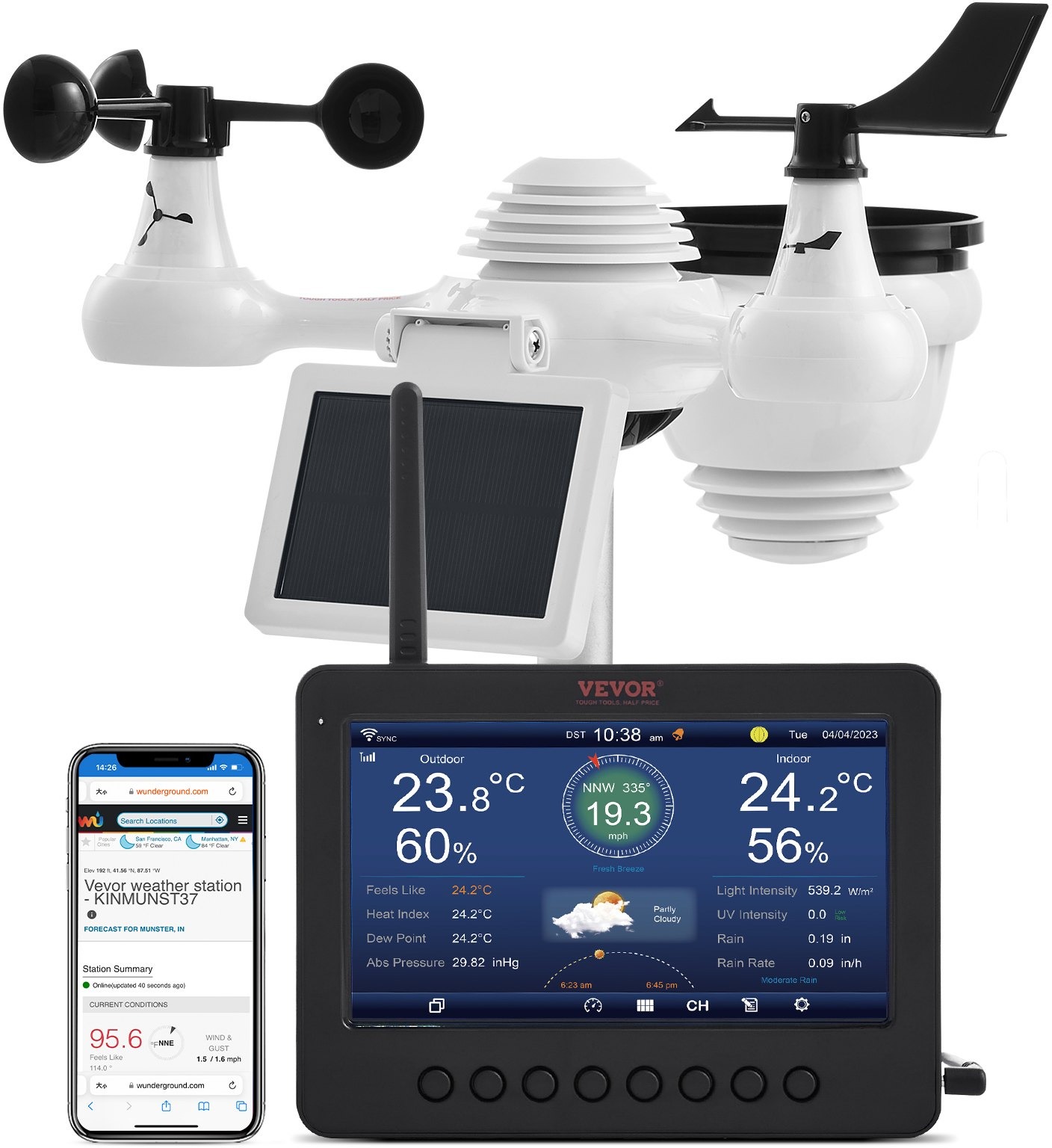 Vevor Wi-fi meteostanice 7 v 1 TFT displej, senzor rychlosti/směru větru a deště s UV