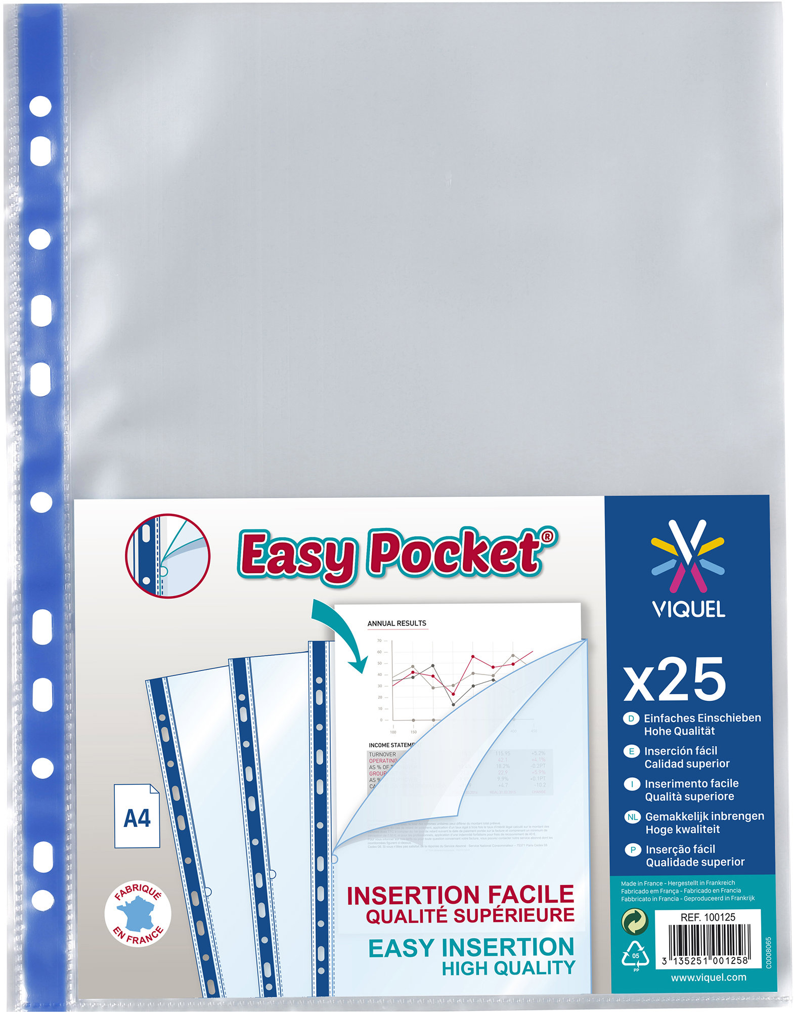 VIQUEL EasyPocket A4/65 mikronů, lesklé, modrý proužek - balení 25 ks