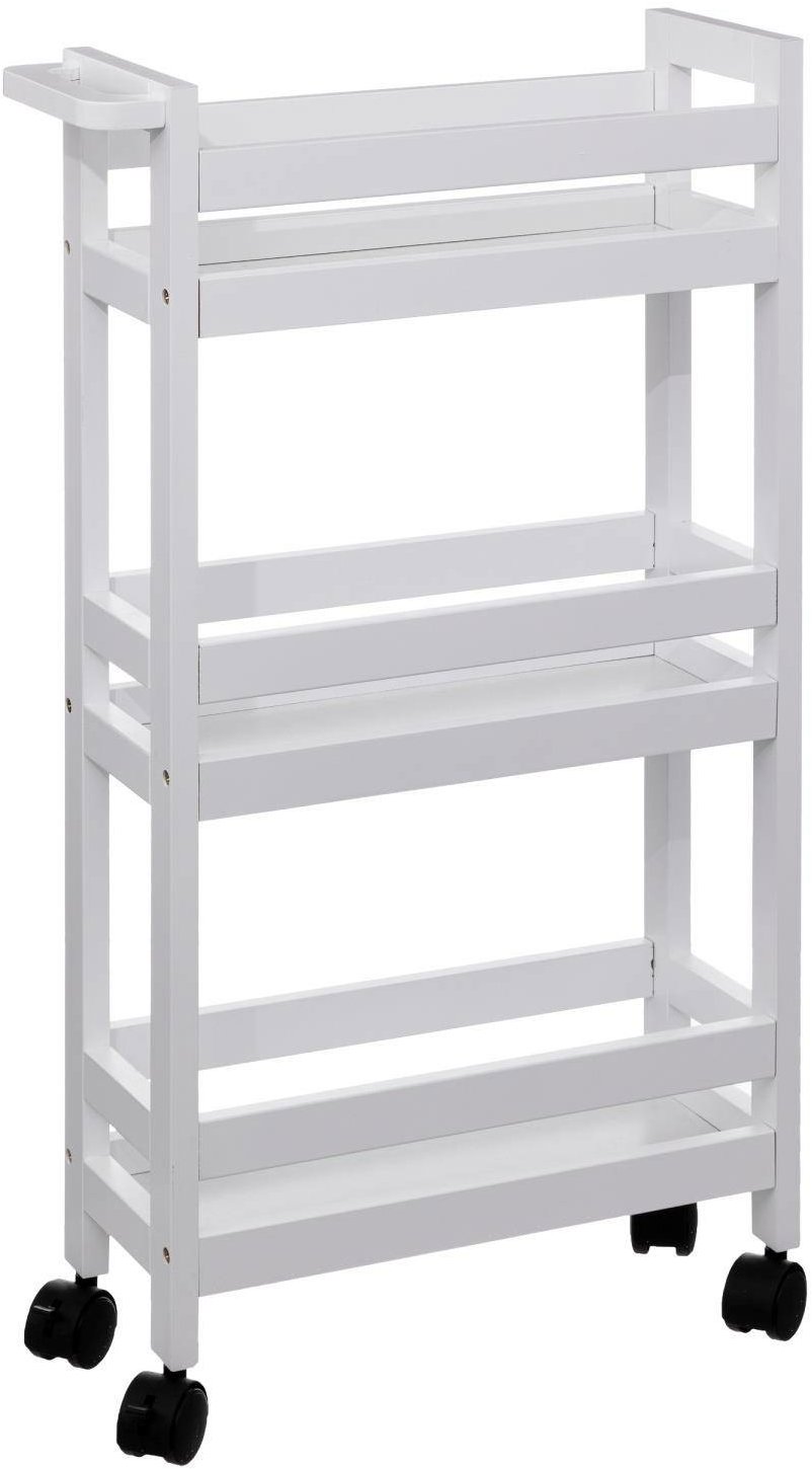 Úzký bílý koupelnový regál 5five Simply Smart na kolečkách s třemi policemi.