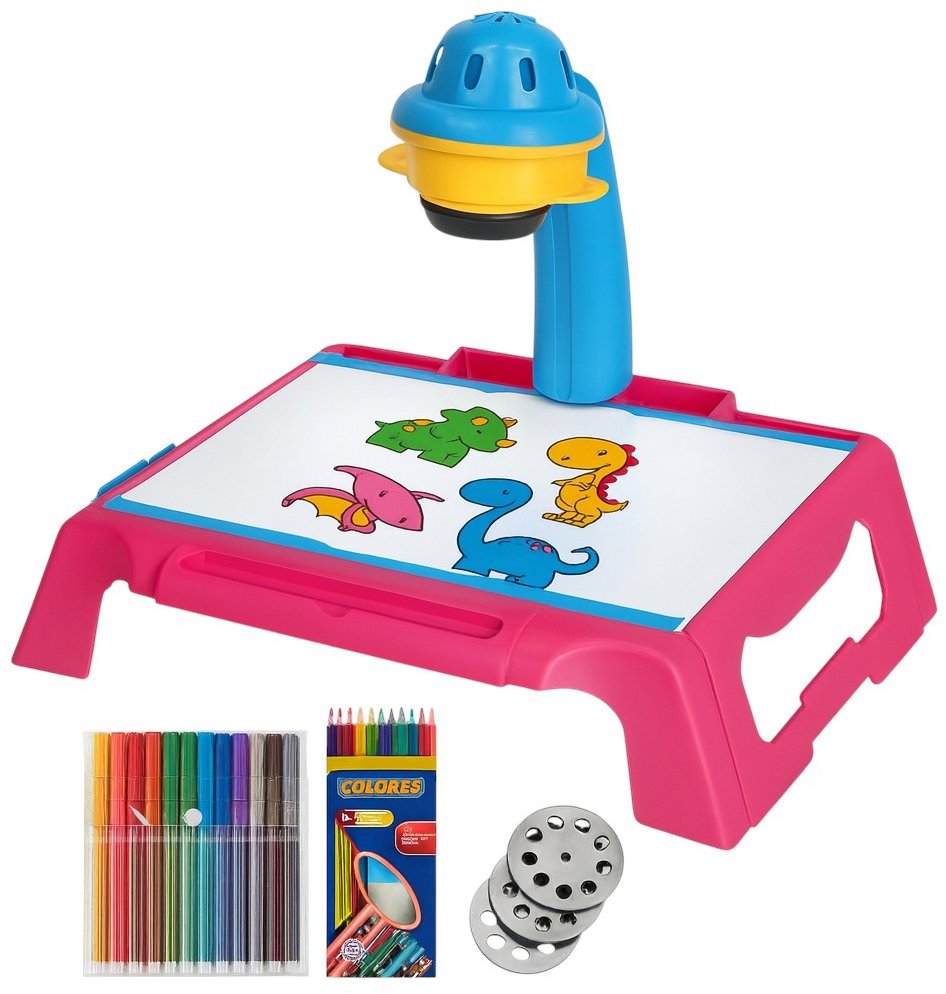 KIK KX2933 Dětský projektor – kreslící stolík se šablonami a fixami, růžová