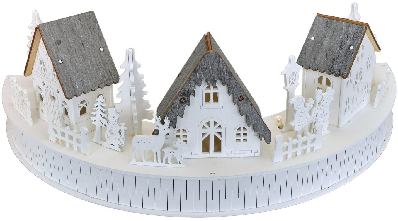 BerryHome Dřevěná vesnička 3 domečky LED 14 × 40 cm