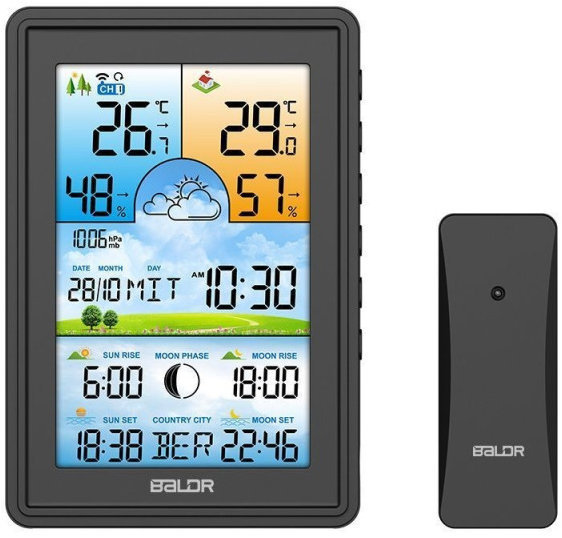 Bauerkraft G-805 Bezdrátová meteostanice, vlhkoměr, hodiny, fáze Měsíce, kalendář, budík, černá