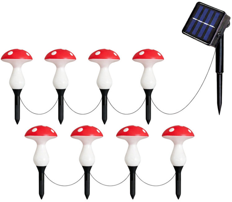 RealG RC-K-2176 Solární zahradní LED lampičky 5,5 m, IP44, muchomůrky, 8 ks