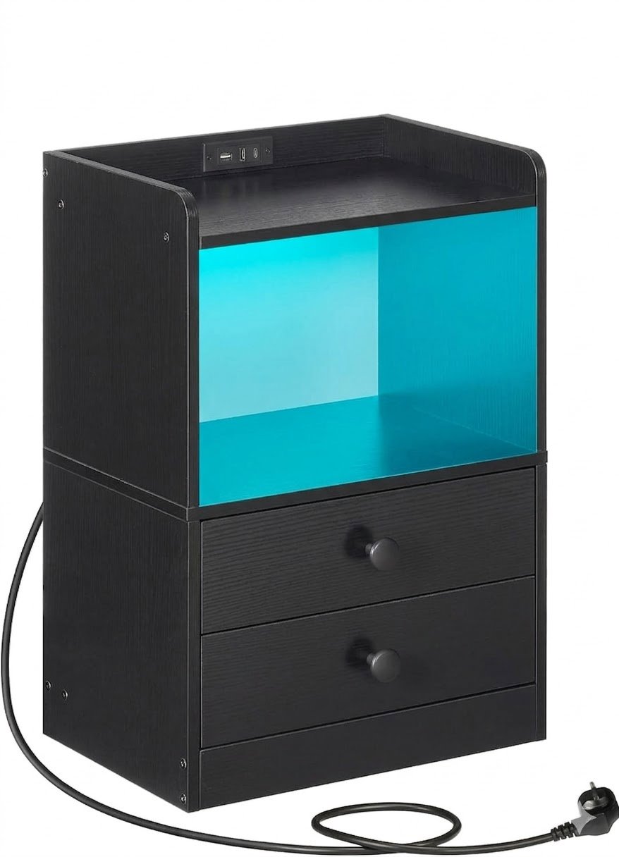 Vasagle Silven Noční stolek 38 cm s LED osvětlením a nabíjecí stanicí černý