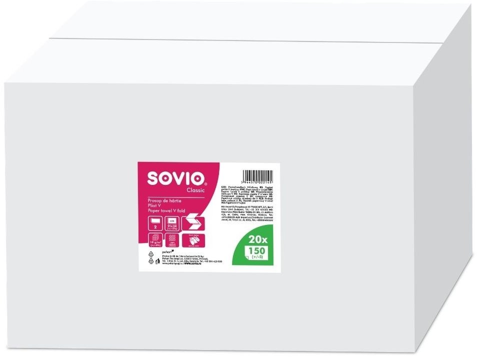 SOVIO Papírové ručníky ZZ bílé, 23 × 21 cm, 2 vr, celulóza, 3000 ks