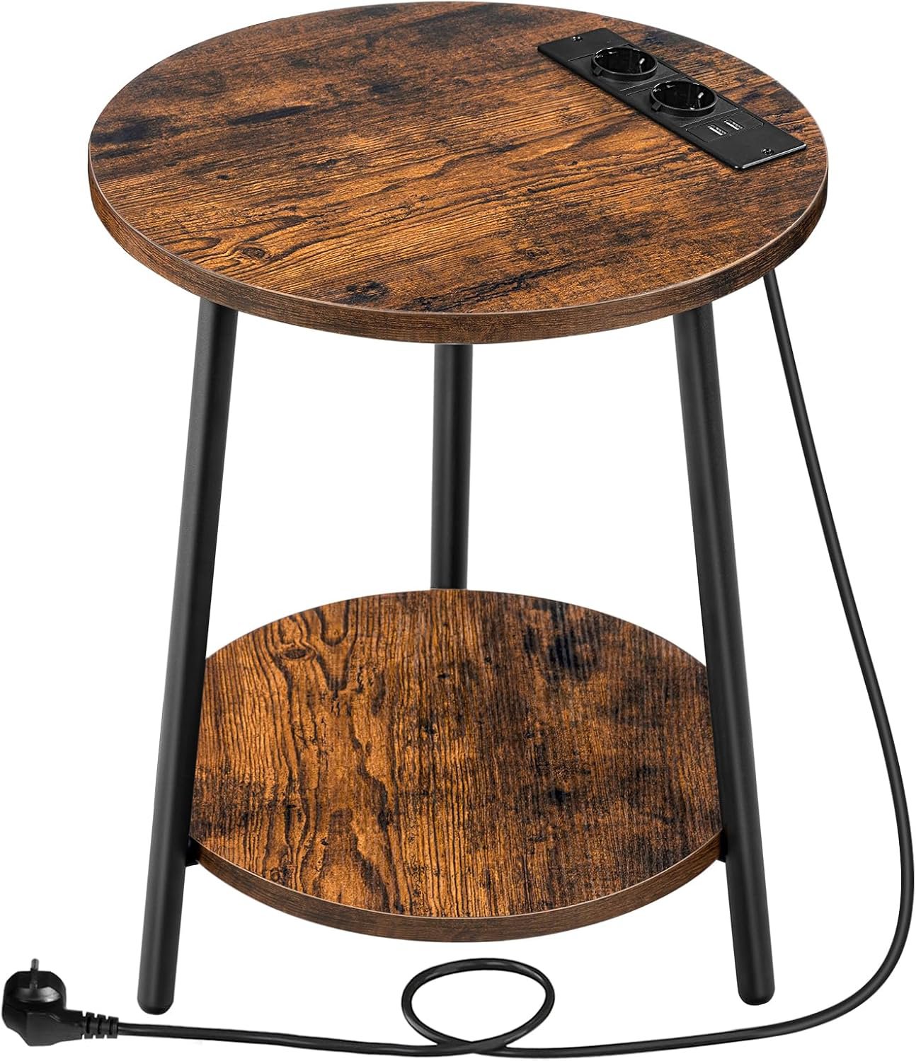 Songmics a Vasagle Kulatý odkládací stolek Leky 40 cm s nabíjecí stanicí, hnědo-černý