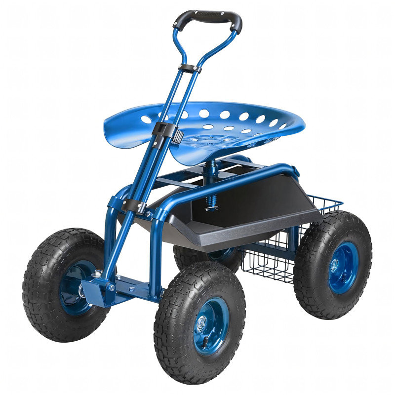 RealG RC-K-2338 Zahradní vozík se sedátkem a košíkem na nářadí, otočný 360°, modrý