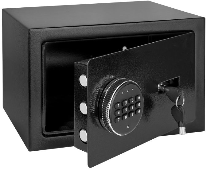 Rebel RB-7002 Elektronický trezor s PIN kódem, alarmem a nouzovými klíči, 12 l, černý