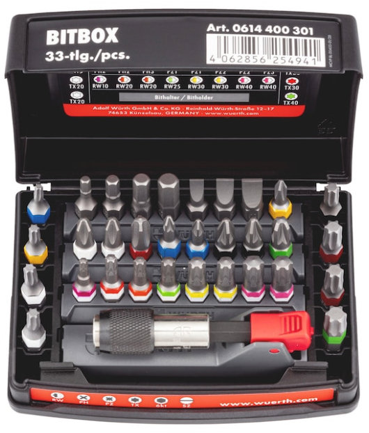 WÜRTH Sada bitů, C 6,3 (1/4) s držákem bitů, 33 ks