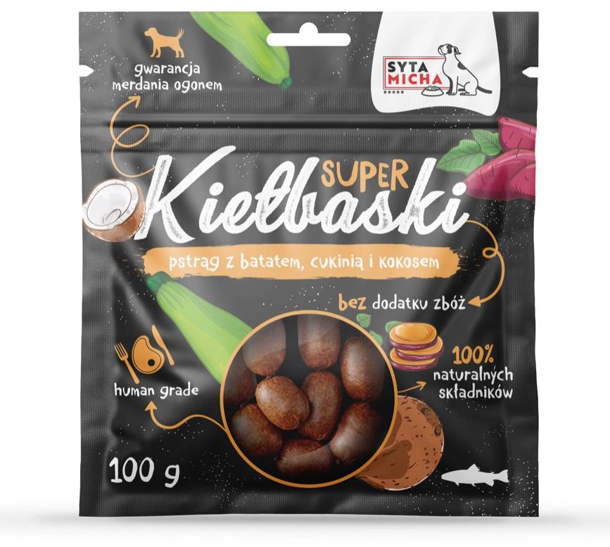 Syta micha - Klobásky se pstruhem, batáty, cuketou a kokosem