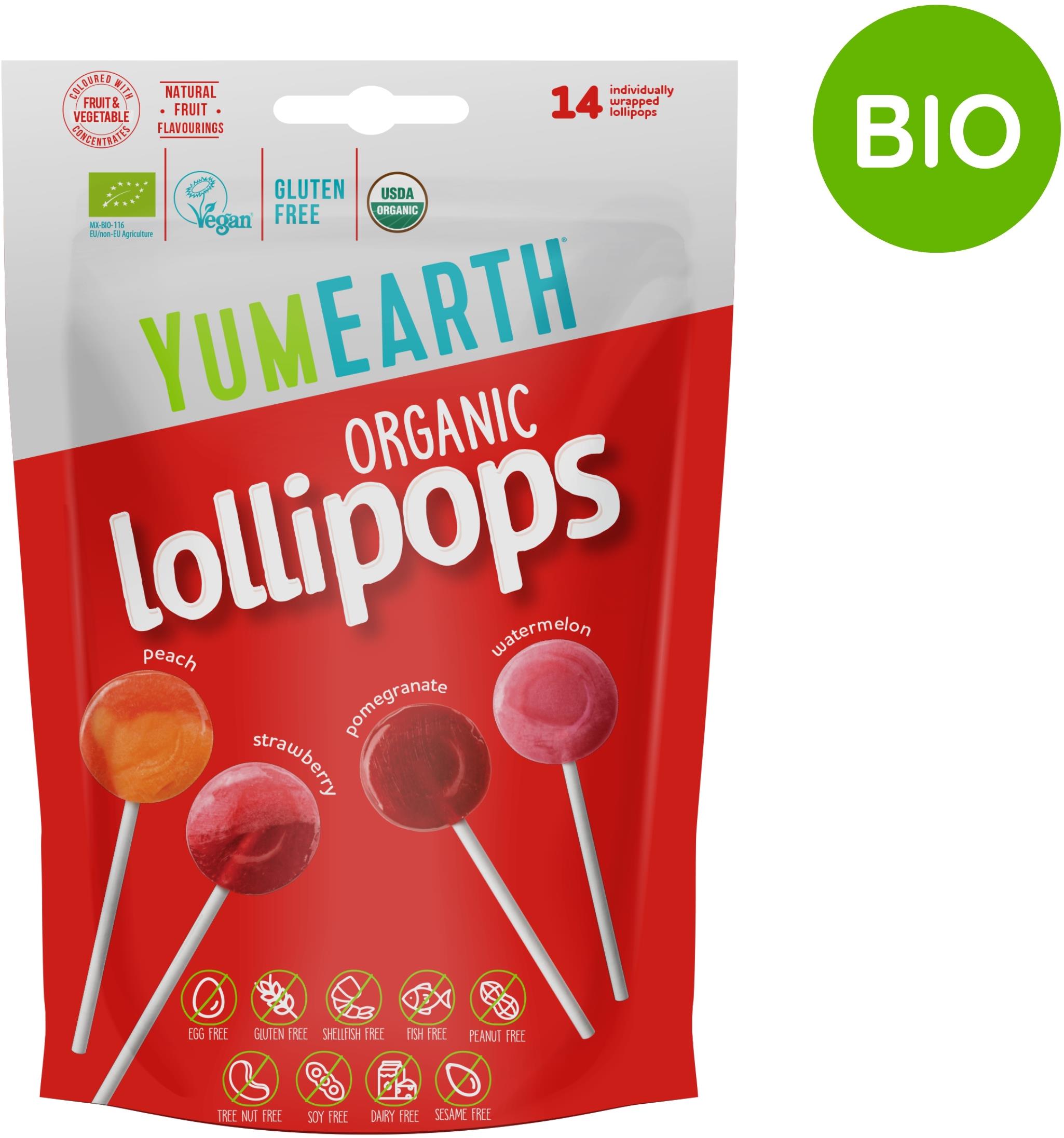 YumEarth BIO Ovocná lízátka s příchutí melounu, jahody, broskve a granátového jablka 14 ks, 87 g