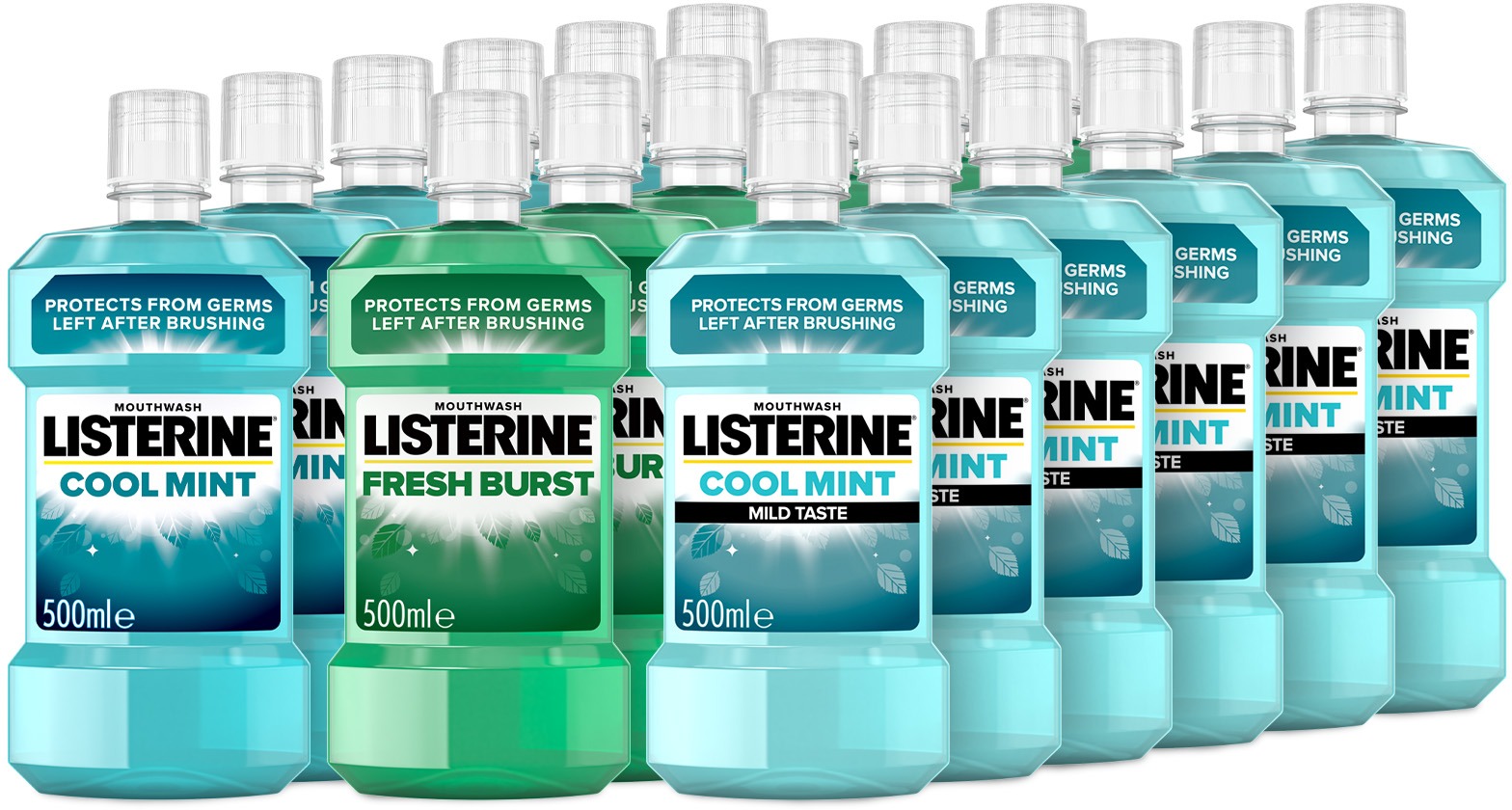 LISTERINE 6 × Cool Mint 500 ml + 6 × Fresh Burst 500 ml + 6 × Cool Mint Mild Taste 500 ml