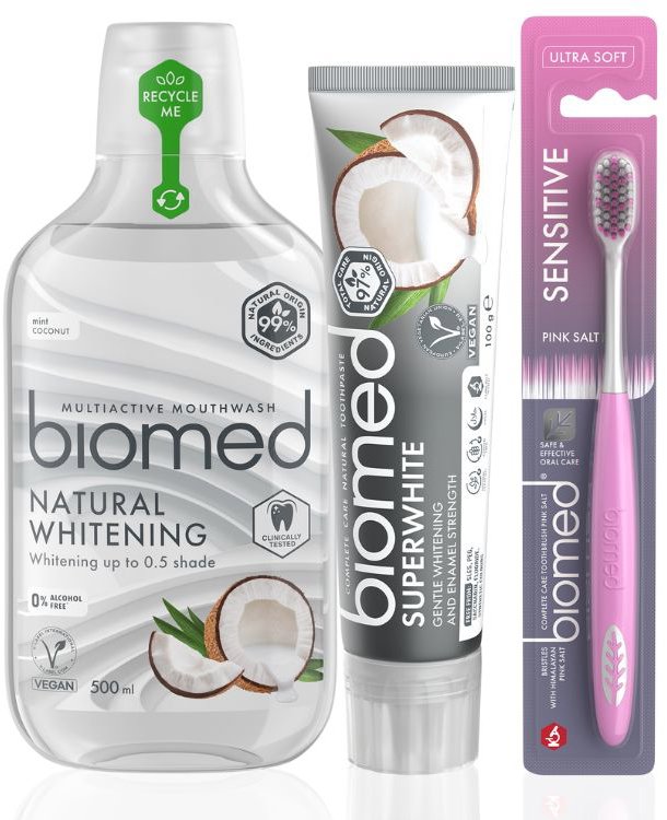 BIOMED Superwhite zubní pasta 75 ml, ústní voda 500 ml + kartáček