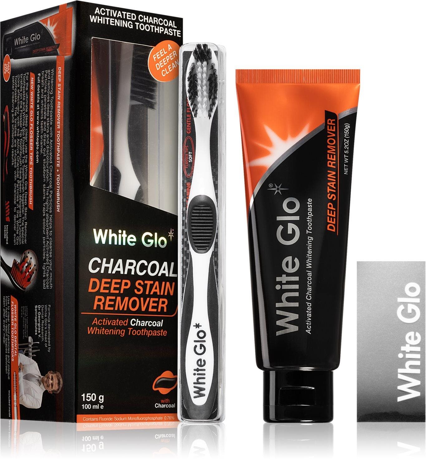 WHITE GLO Charcoal 150 g + zubní a mezizubní kartáček