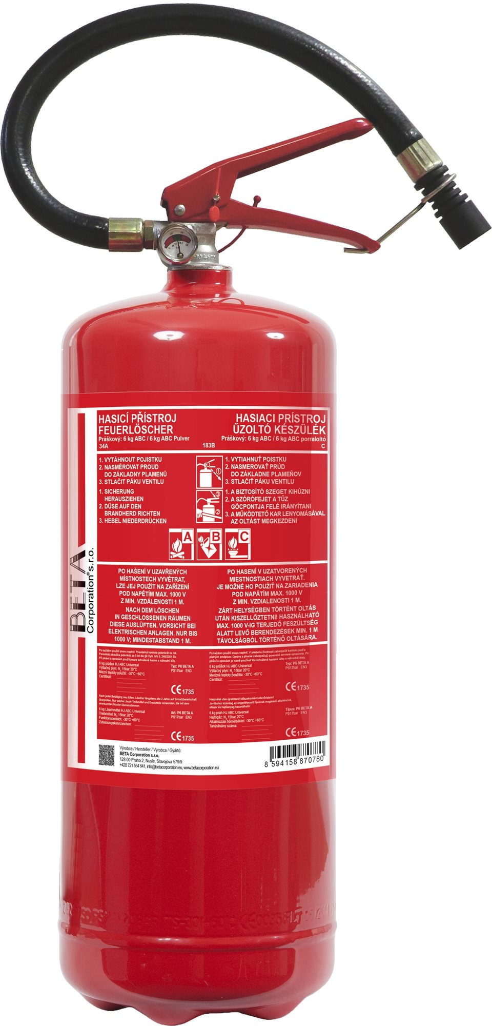 BETA práškový hasicí přístroj 6 kg P6-Beta A vč. revize